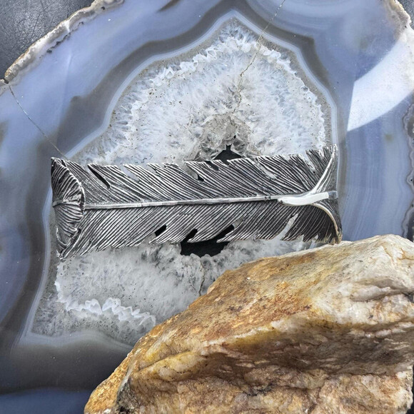 Sterling Silver Southwestern Style Wide Feather Decorated Bracelet For Women - Picture 7 of 10